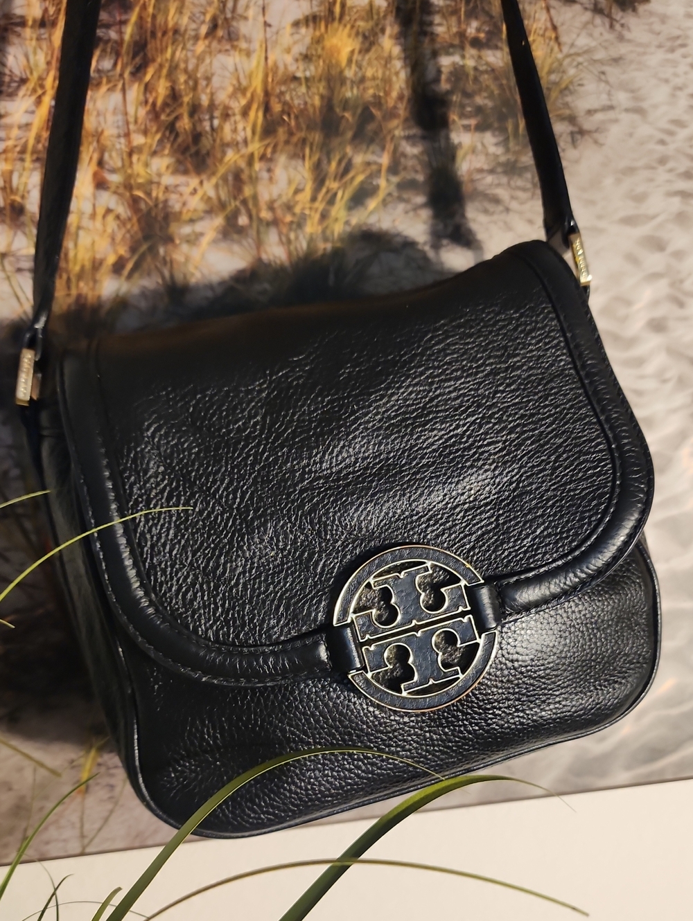 Tory Burch Black Pebble Leather Shoulder Bag with Gold Logo